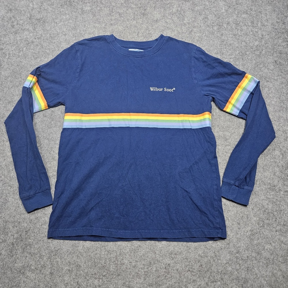 Vintage Wilbur Soot T-Shirt Medium Men Blue Rainbow Stripe Long Sleeve Crew Neck